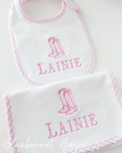 Gingham Trim Bib + Burp Cloth Set