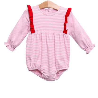 Evie Bubble - Light Pink Stripe with Red Ruffles