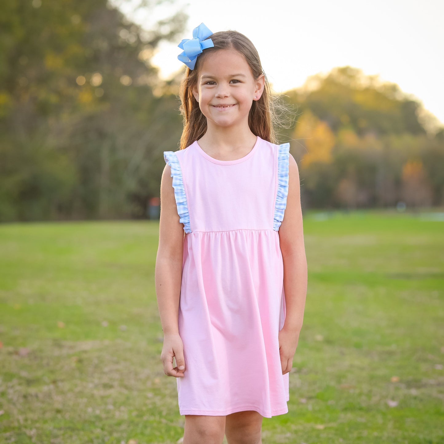 Evie Dress - Light Blue + Pink Gingham