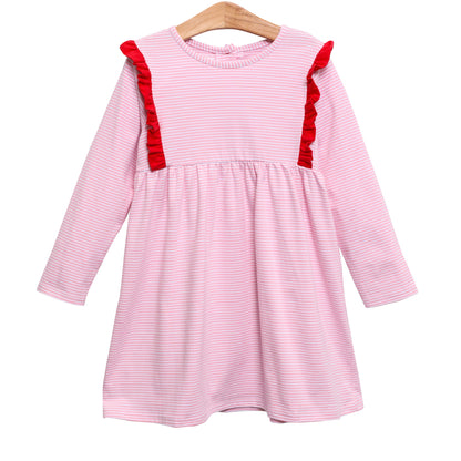 Evie Dress - Light Pink Stripe with Red Ruffles