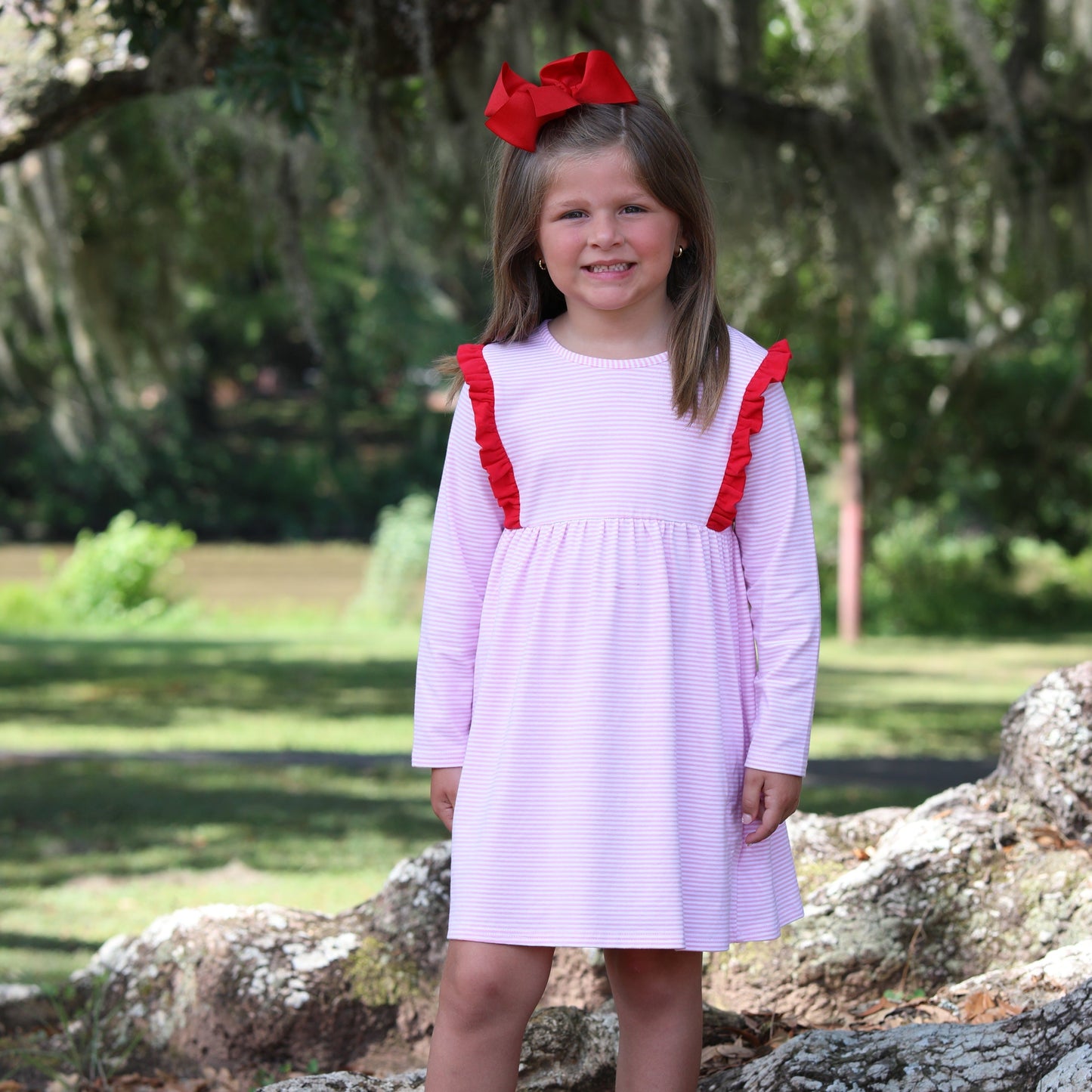 Evie Dress - Light Pink Stripe with Red Ruffles