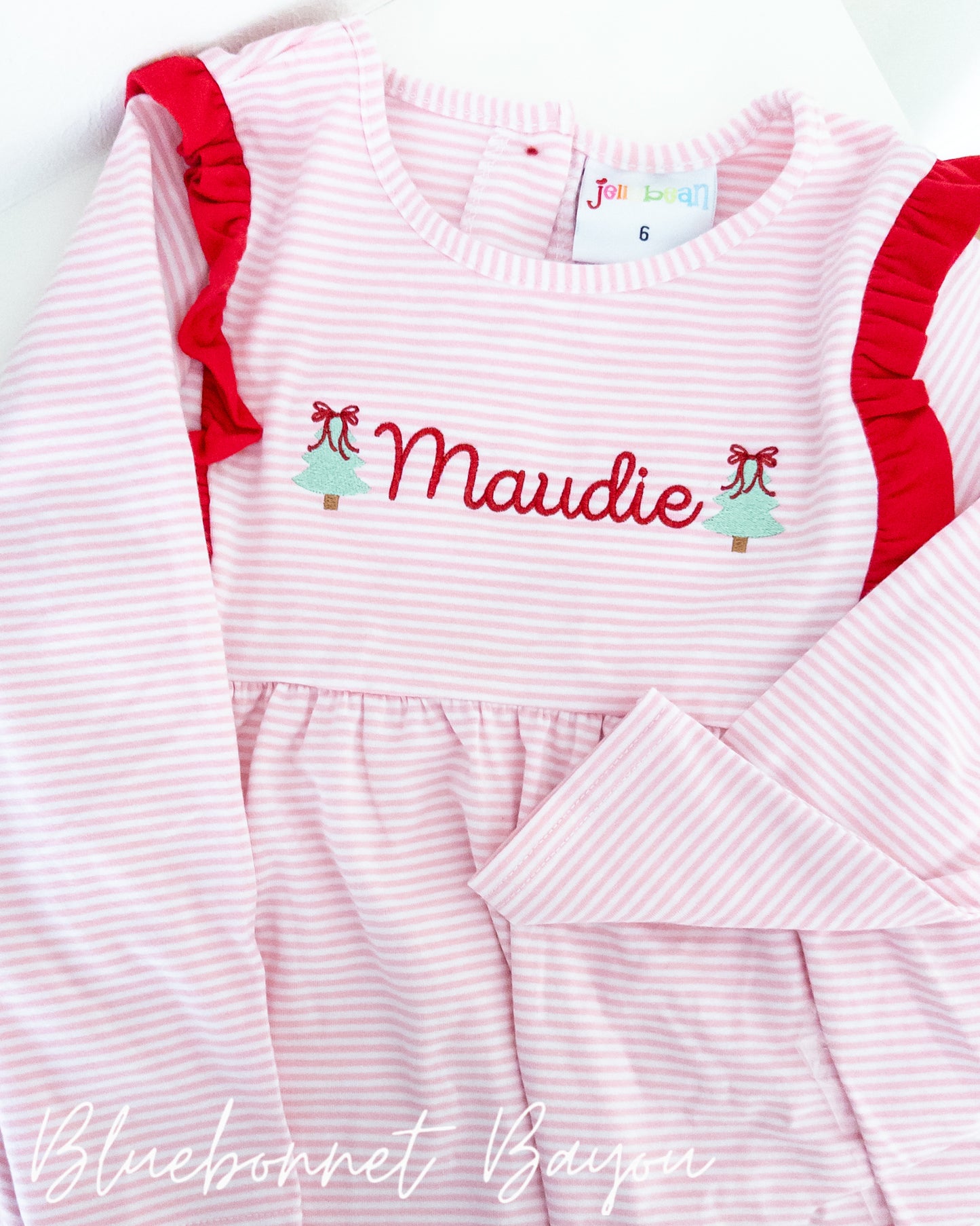 Evie Dress - Light Pink Stripe with Red Ruffles