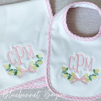 Gingham Trim Bib + Burp Cloth Set