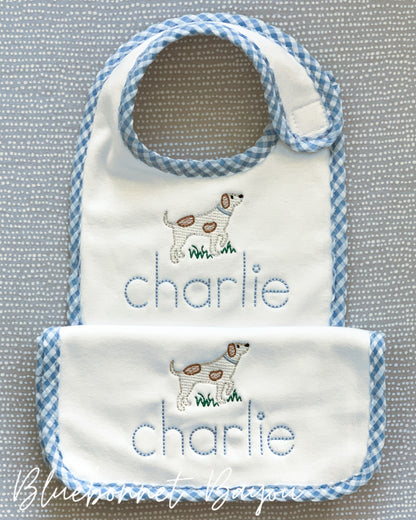 Gingham Trim Bib + Burp Cloth Set